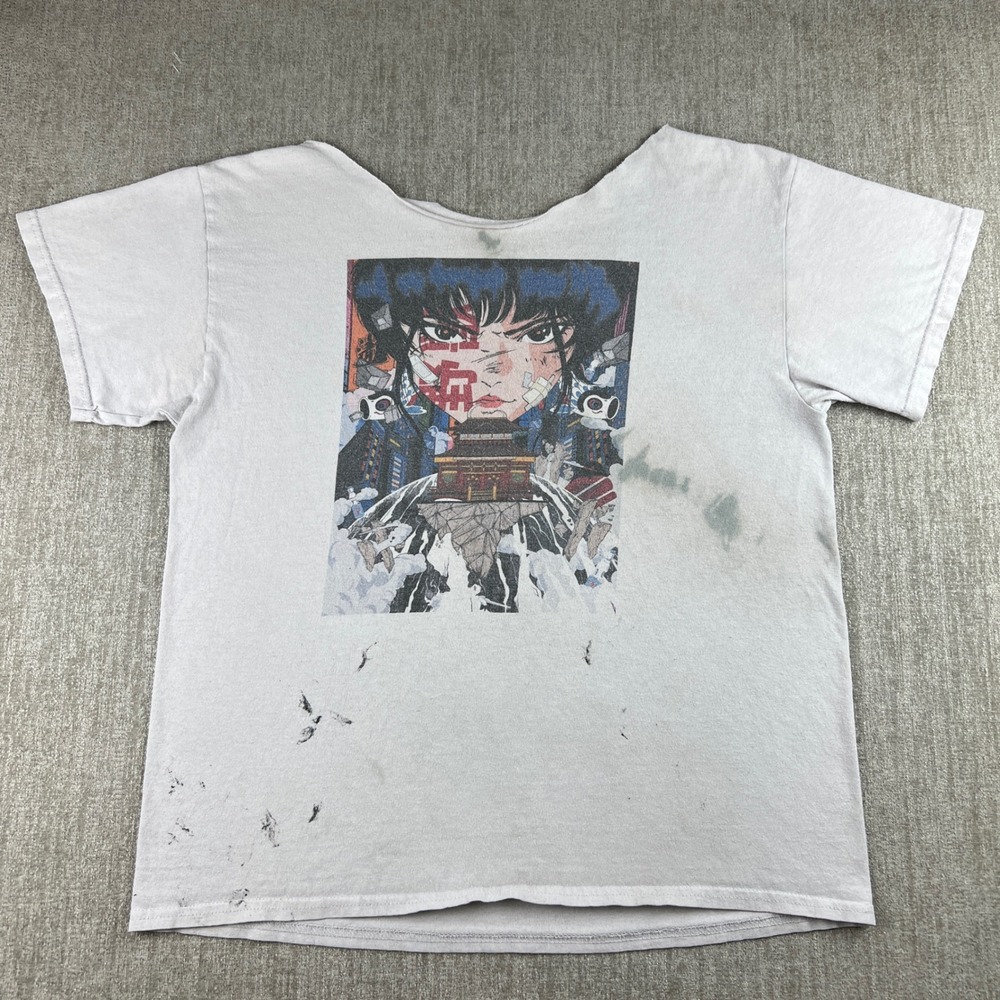 Ghost in the Shell Anime Graphic T-Shirt Womens Large Gray Distressed Fan Art